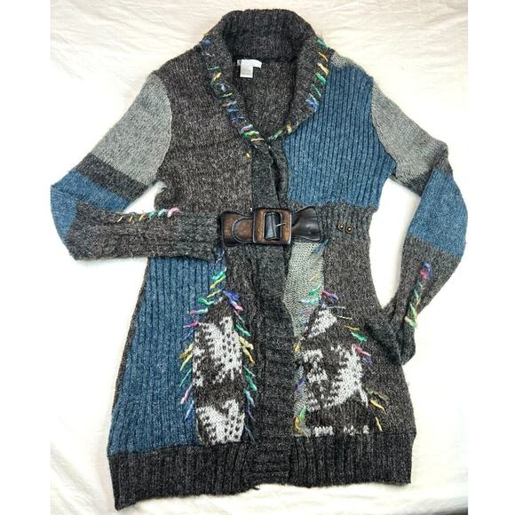 Felicity Sweater Womens Large Gray Blue Pullover Long Sleeve Belt Knit Rare Work - Picture 1 of 14